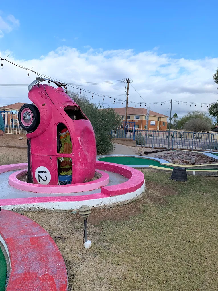 The famous pink Volkswagen Marshwiggle Mini Golf hole